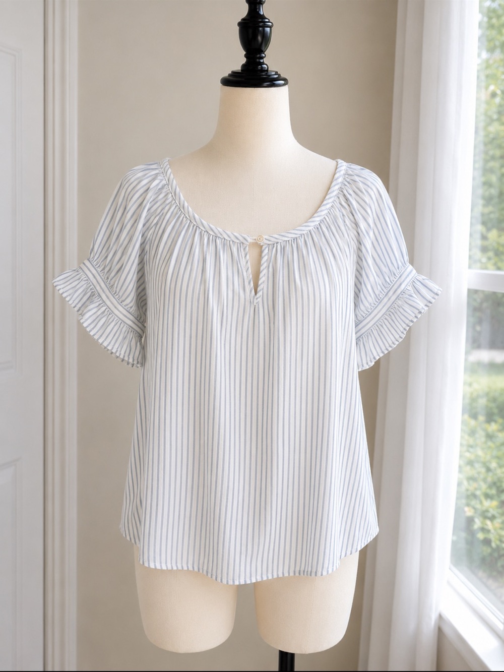 Striped White and Light Blue Ruffle Sleeve Peasant Blouse